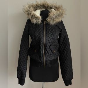 Forever 21 Black Bomber Jacket with Fur Hoodie